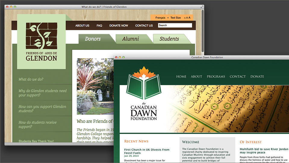 Friends of Glendon / Canadian Dawn Foundation web design and brand identities